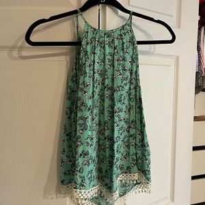 Teal Floral Highneck Tank with Lace Hem